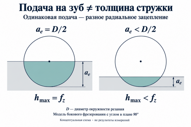 Радиальное зацепление: при одинаковой подаче на зуб узкое перекрытие окружности резания даёт меньшую максимальную толщину слоя